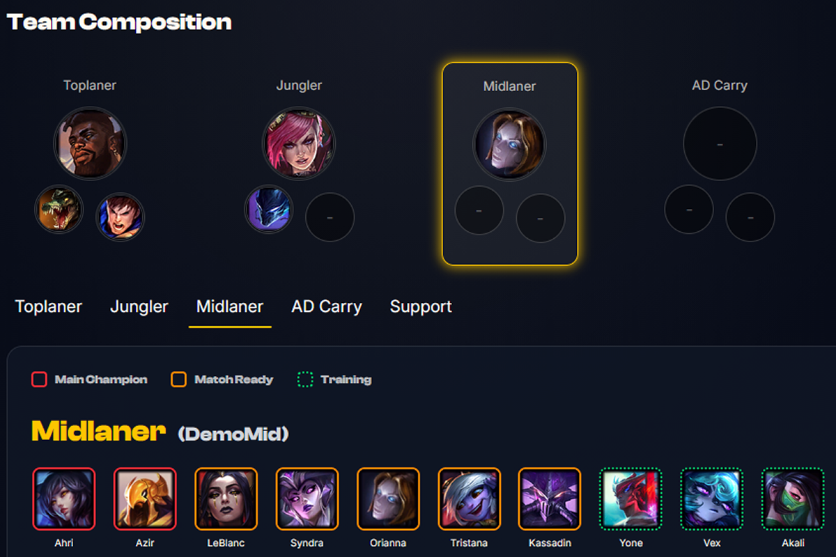 League of Legends team composition and draft preparation interface
